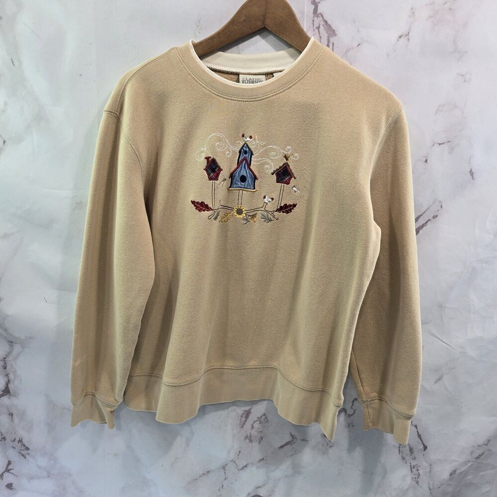 Vintage Sweatshirt Womens Medium Tan Beige Bird Houses Acorn Leaf Autumn 90s